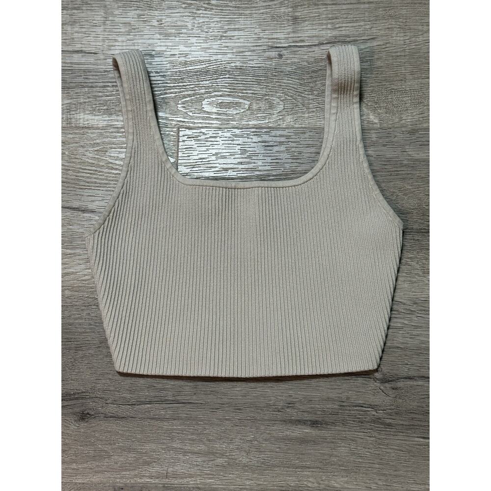Aritzia Babaton Ribbed Knit Square Neck Crop Top S Beige Minimalist Quiet Luxury